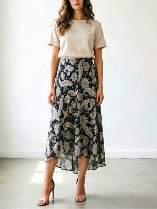 Lauren Ralph Lauren Dresses & Skirts - Lauren Ralph Lauren Black and Cream Asymmetrical Floral Midi Skirt